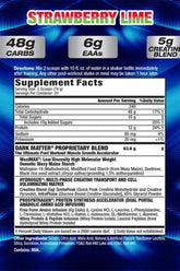 Supplement facts for MHP Dark Matter Strawberry Lime flavor, detailing carbs, EAAs, and creatine content.